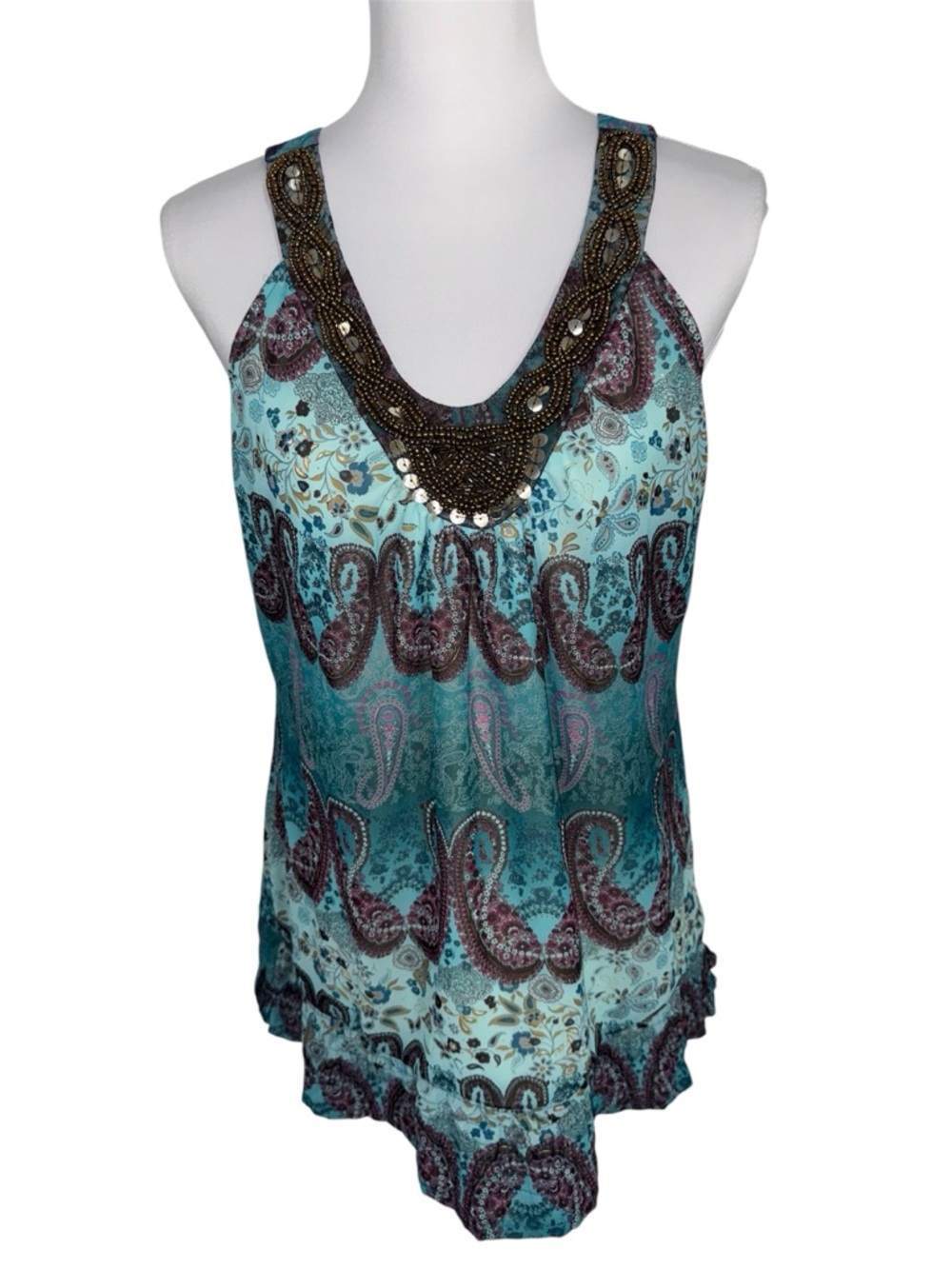 Studio Y Boho Paisley Beaded Tank Top Teal Flowy Cami Womens L Y2K Diva